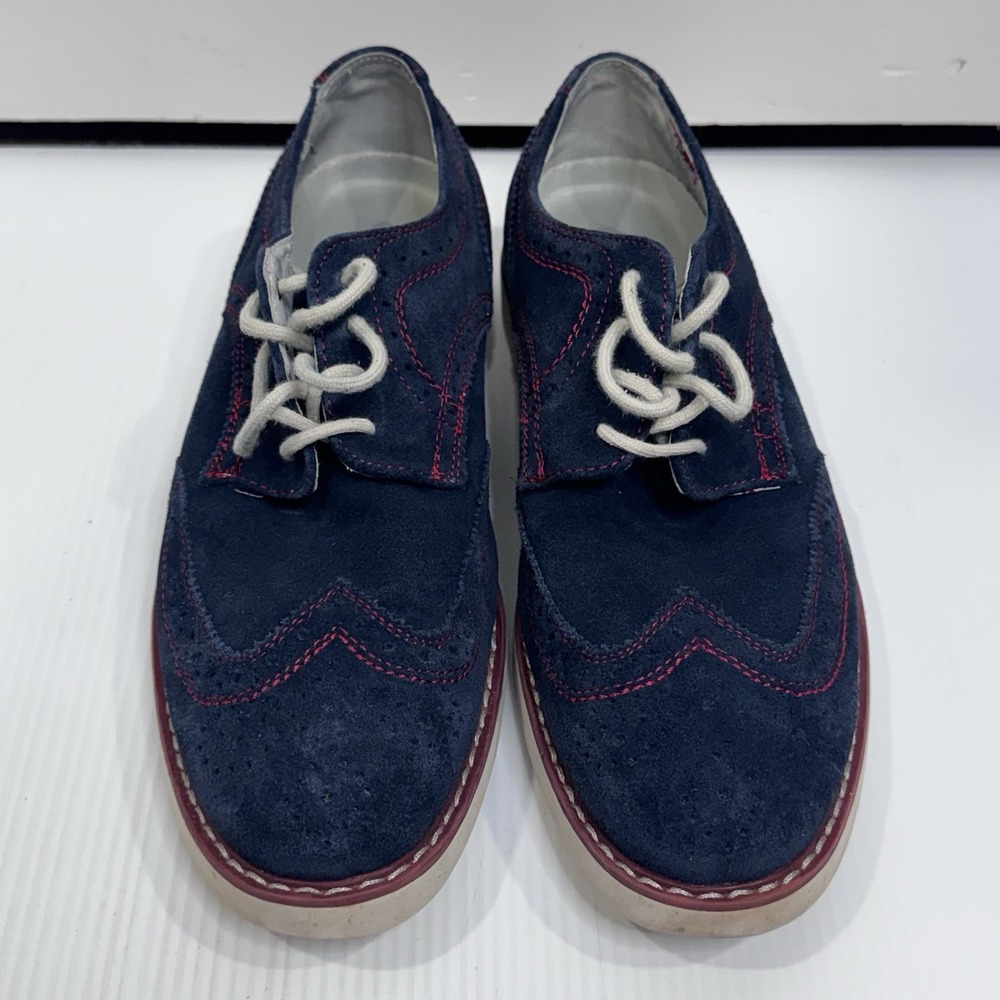 GBX Mens 8.5M Blue Suede Wingtip Oxford Shoes Pink Stitch Casual Dress Lace